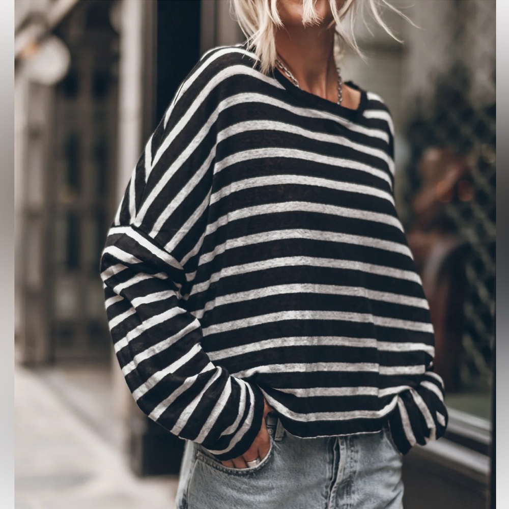 Mikuta Black and White Striped Linen Top M over sized cozy made in Portugal